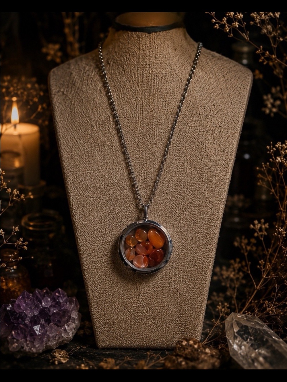 Natural Carnelian Floating Locket Necklace | Stainless Steel Twist Locket